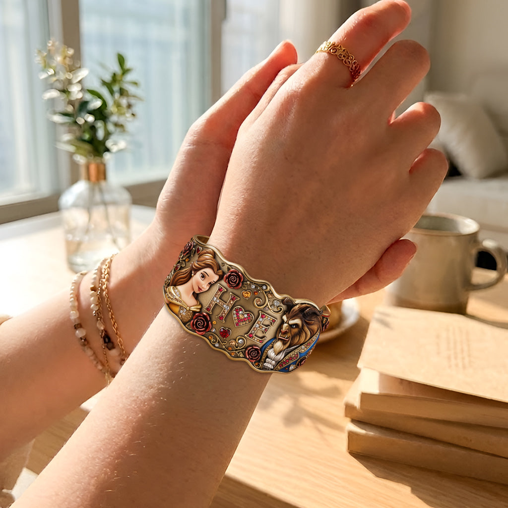 Initial Couple Gift - Personalized Beauty And The Beast Shaped Cuff Bracelet