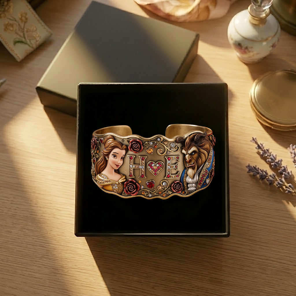 Initial Couple Gift - Personalized Beauty And The Beast Shaped Cuff Bracelet