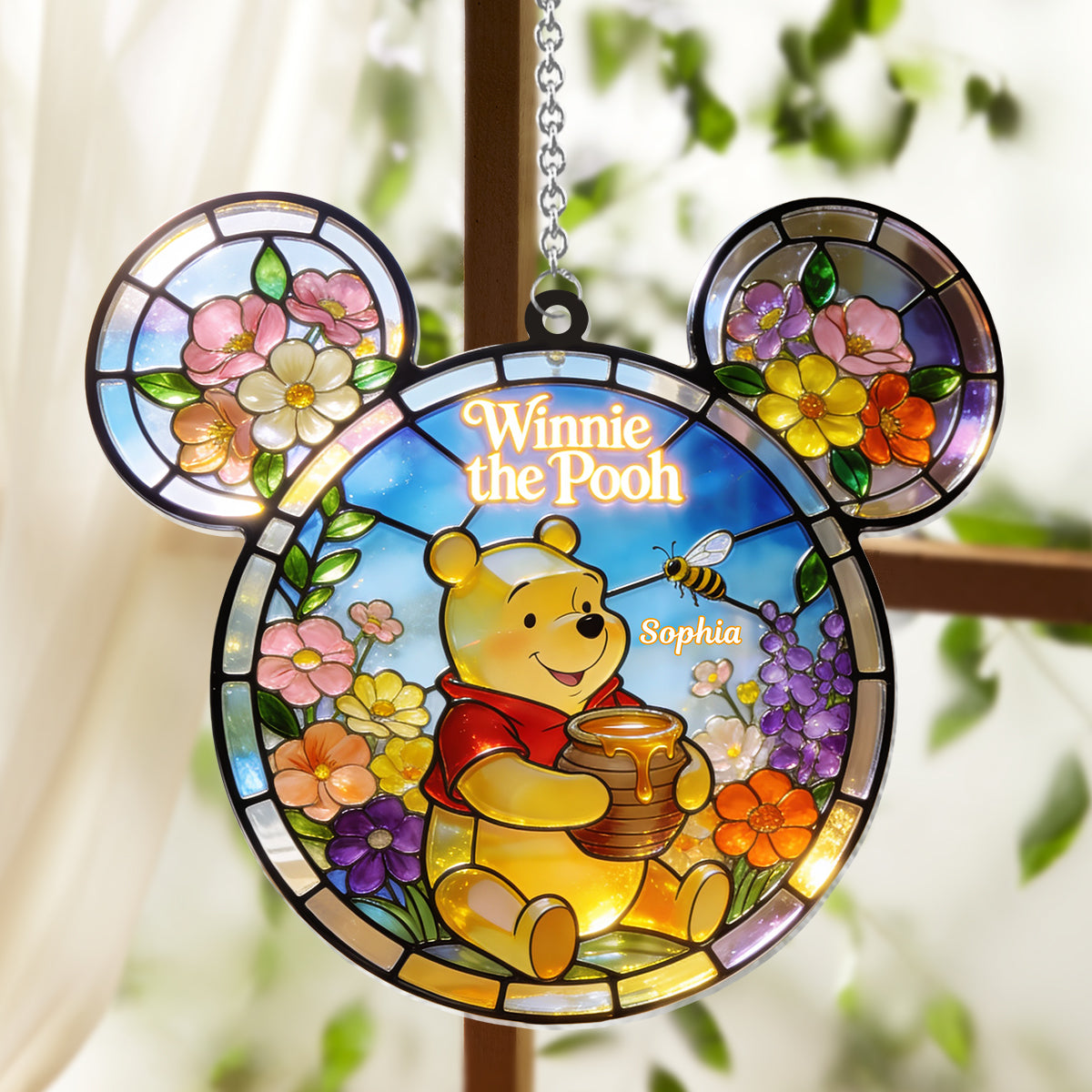Whispers of Honey & Wildflowers - Personalized Yellow Bear Window Hanging Suncatcher Ornament