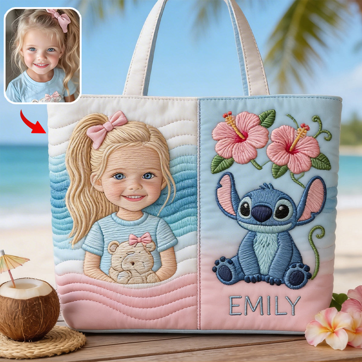 Custom Any Photo Blue Ohana - Personalized Ohana Quilted Tote Bag