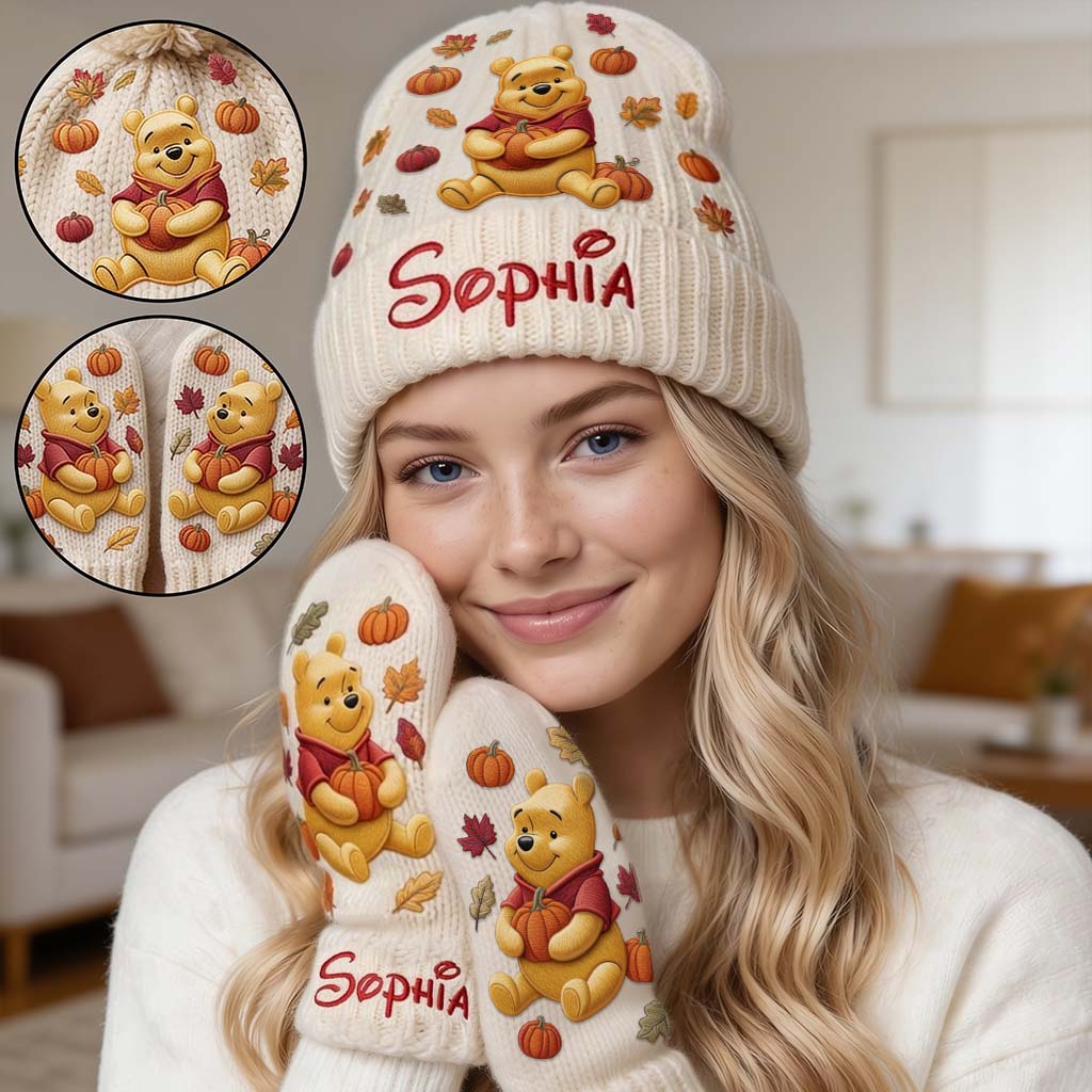 Happy Autumn - Personalized Yellow Bear Beanie Hat & Knitted Mittens