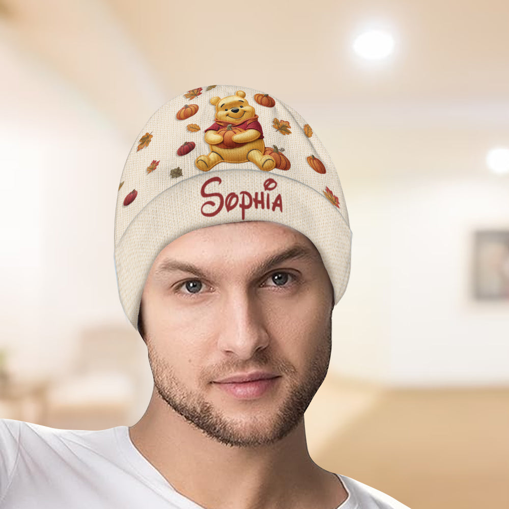 Happy Autumn - Personalized Yellow Bear Beanie Hat & Knitted Mittens