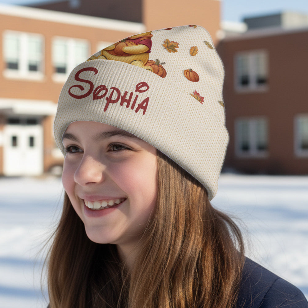 Happy Autumn - Personalized Yellow Bear Beanie Hat & Knitted Mittens