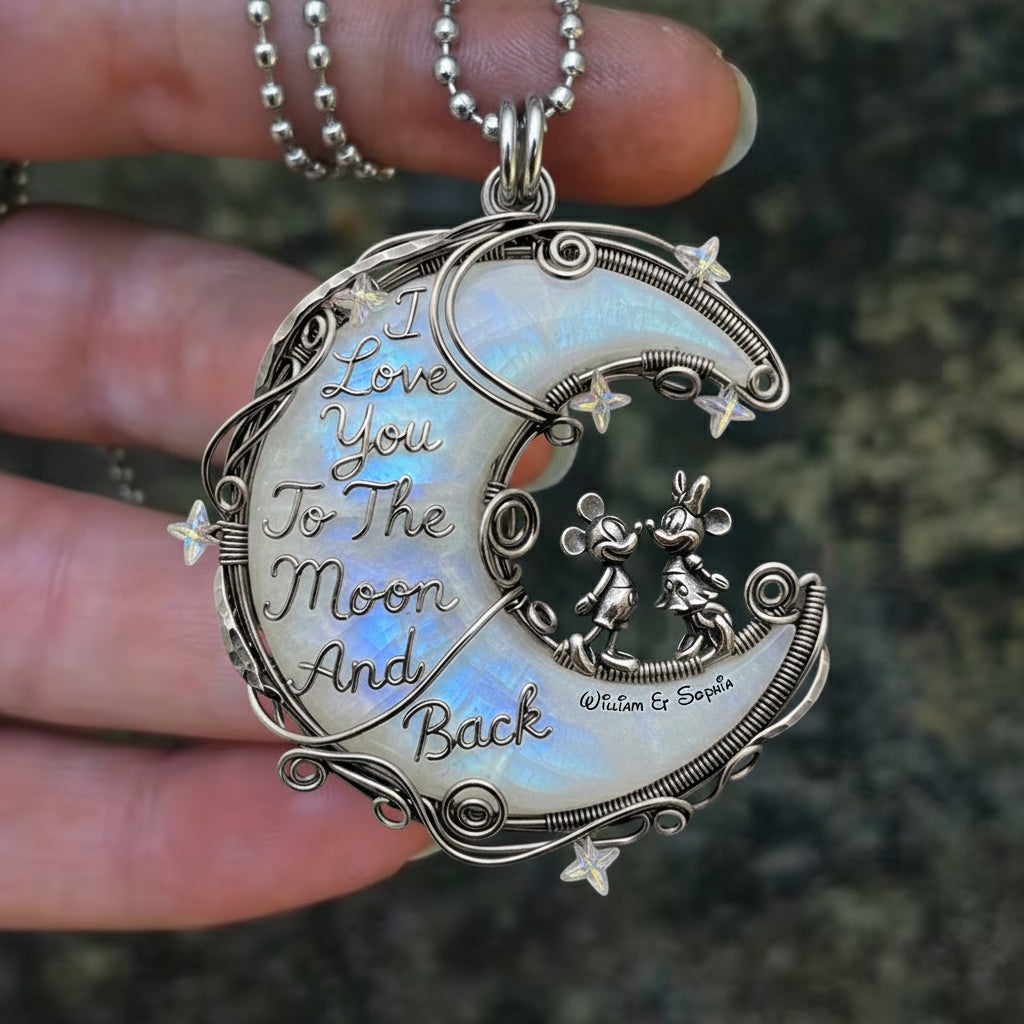 I Love You To The Moon And Back, Moonstone Styled Mouse Couple - Personalized Mouse Custom Shaped Pendant Necklace