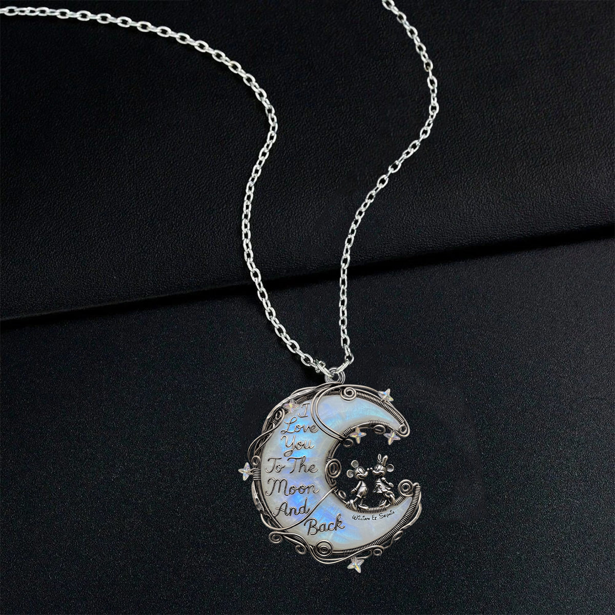 I Love You To The Moon And Back, Moonstone Styled Mouse Couple - Personalized Mouse Custom Shaped Pendant Necklace