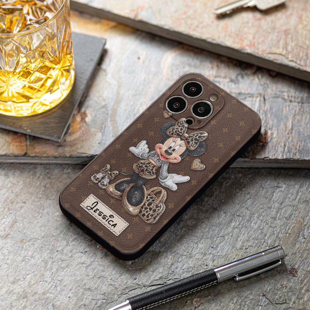 Chic Leopard Print & Bow Mouse - Personalized Mouse Leather Phone Case