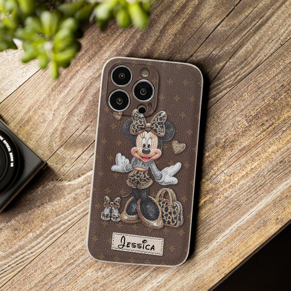 Chic Leopard Print & Bow Mouse - Personalized Mouse Leather Phone Case