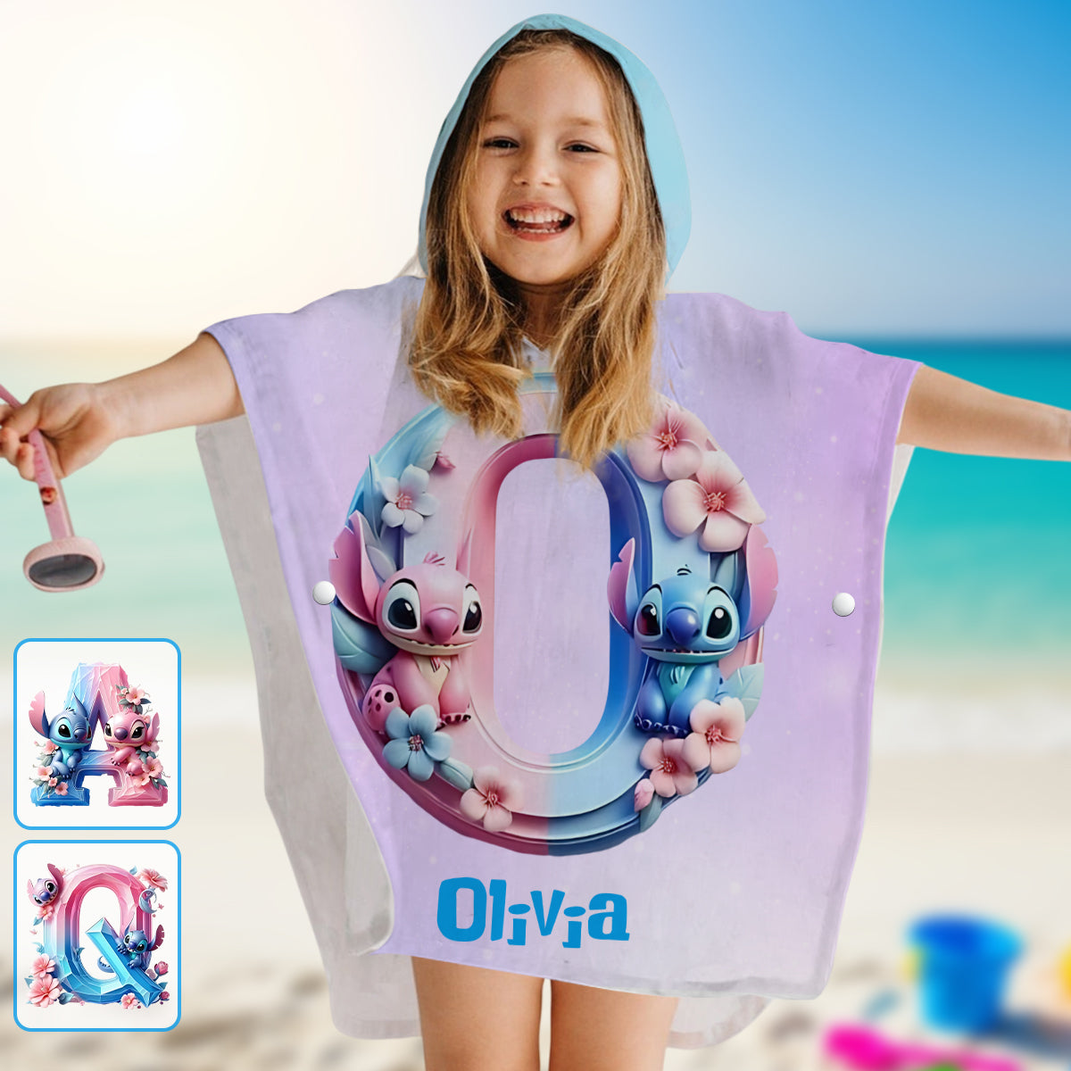 Ohana Alphabet Summer Vibe - Personalized Ohana Kid Hooded Towel Poncho