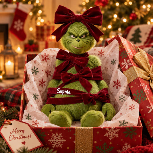 Green Christmas Character With Bow - Personalized Stole Christmas Premium Faux Fur Pillow