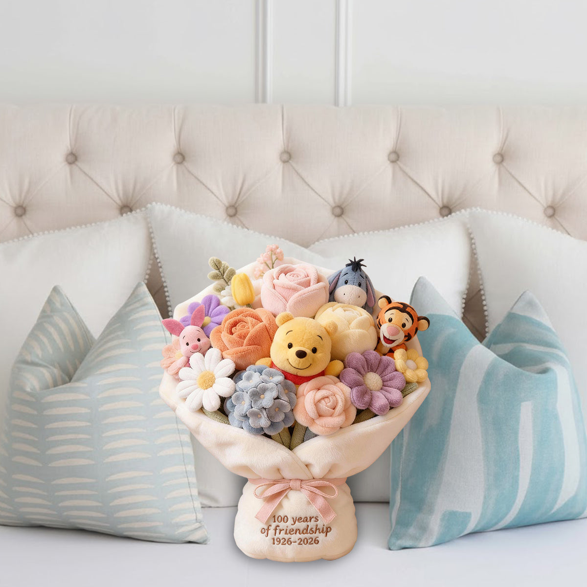 100 Years Of Friendship Bouquet - Personalized Yellow Bear Faux Fur Shaped Pillow
