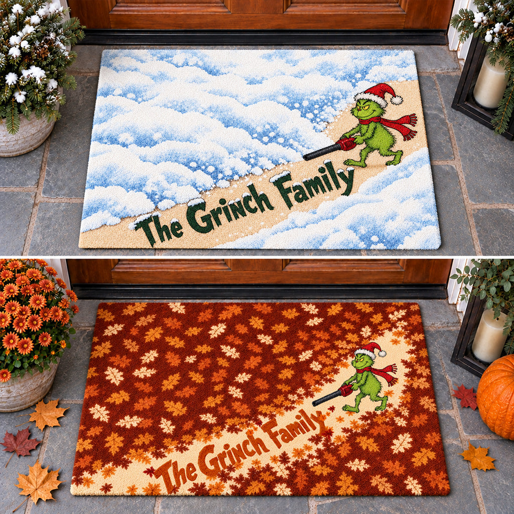 Green Mischief Blowing Leaf Snow - Personalized Stole Christmas Doormat