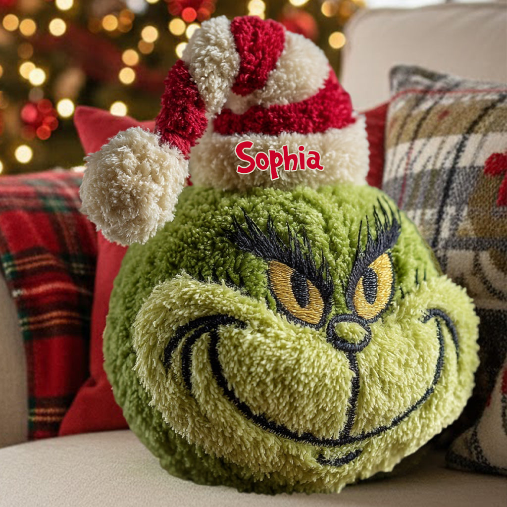 Any Name Green Monster Christmas Gift - Personalized Stole Christmas Shaped Pillow