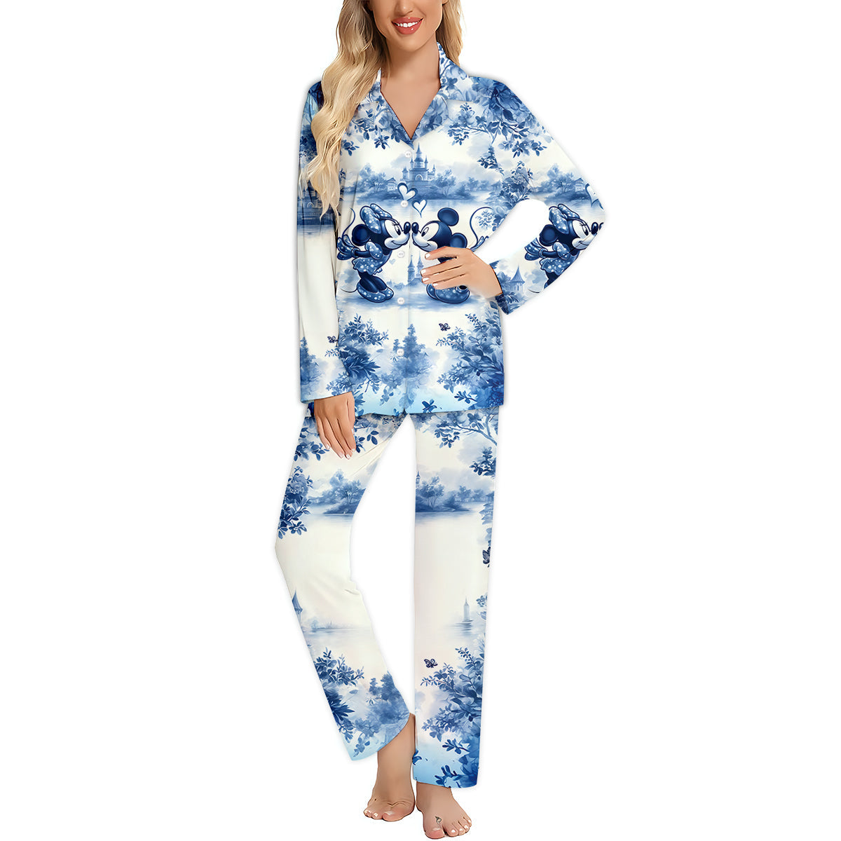 Classic Blue & White Mouse Couple - Personalized Mouse Button Down Pajamas