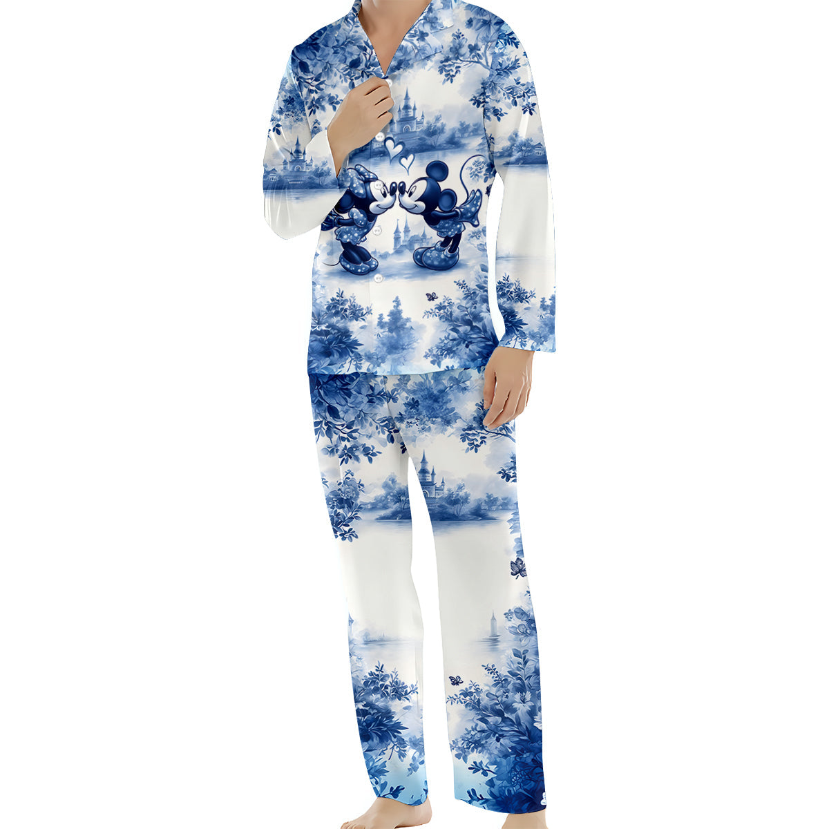Classic Blue & White Mouse Couple - Personalized Mouse Button Down Pajamas