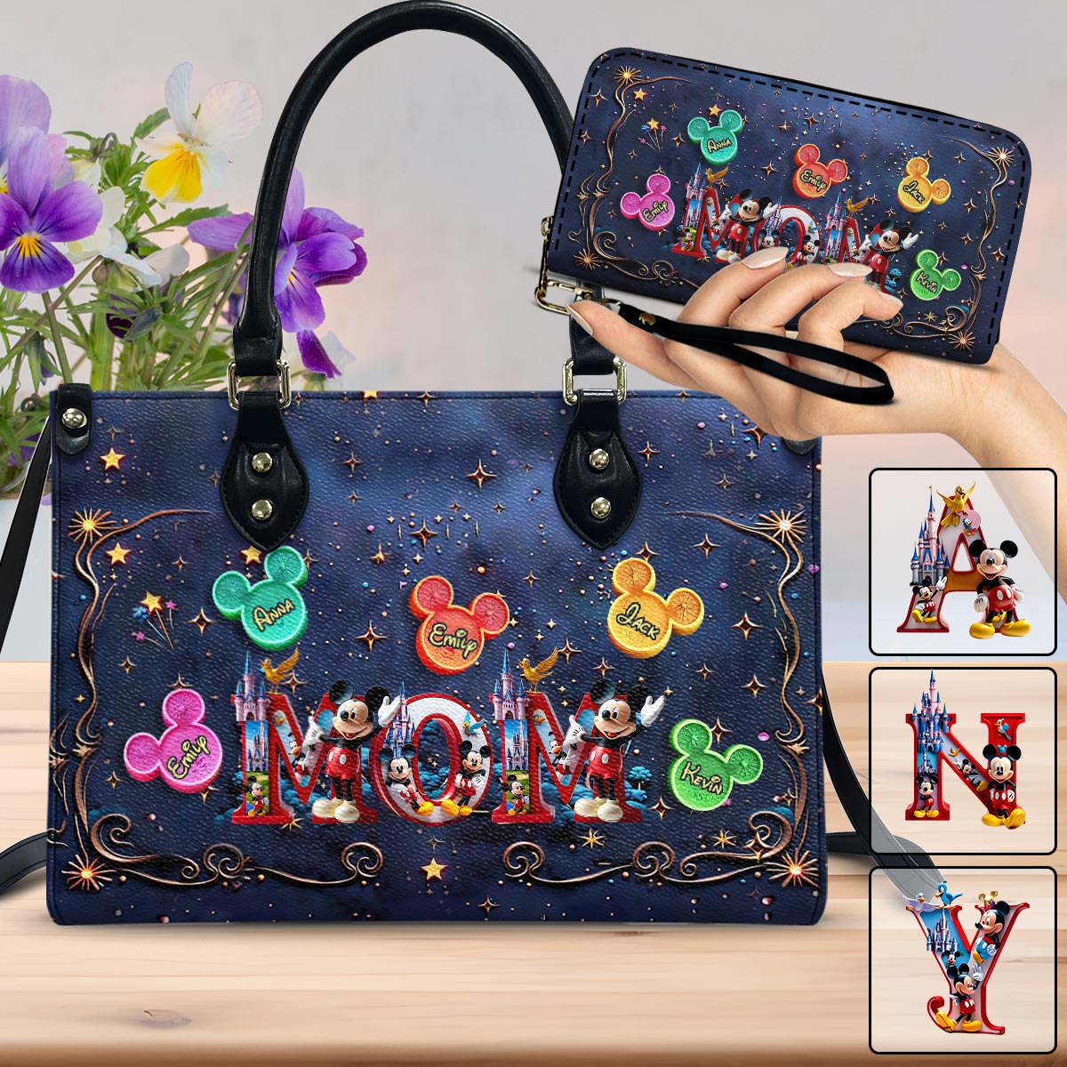 Magical Mama Nana Alphabet - Personalized Mouse Leather Handbag & Leather Long Wallet