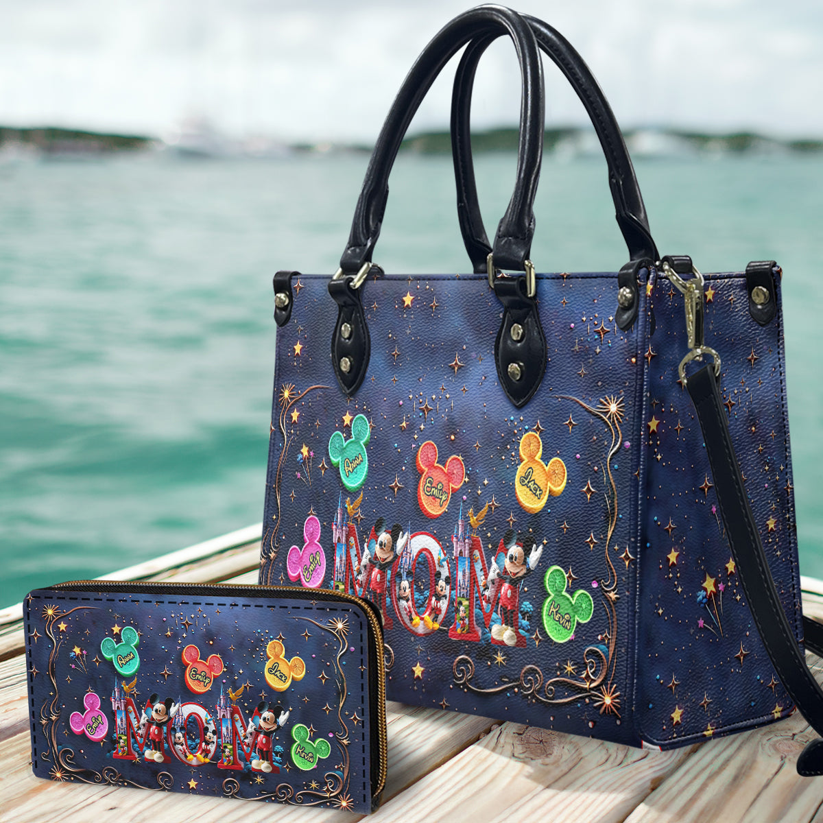Magical Mama Nana Alphabet - Personalized Mouse Leather Handbag & Leather Long Wallet