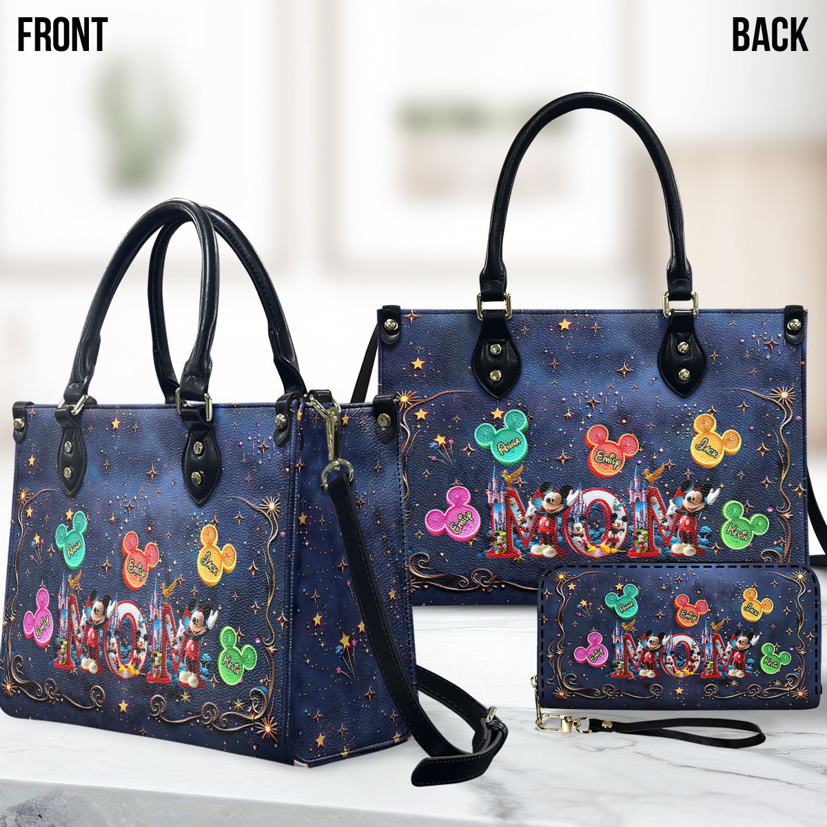 Magical Mama Nana Alphabet - Personalized Mouse Leather Handbag & Leather Long Wallet