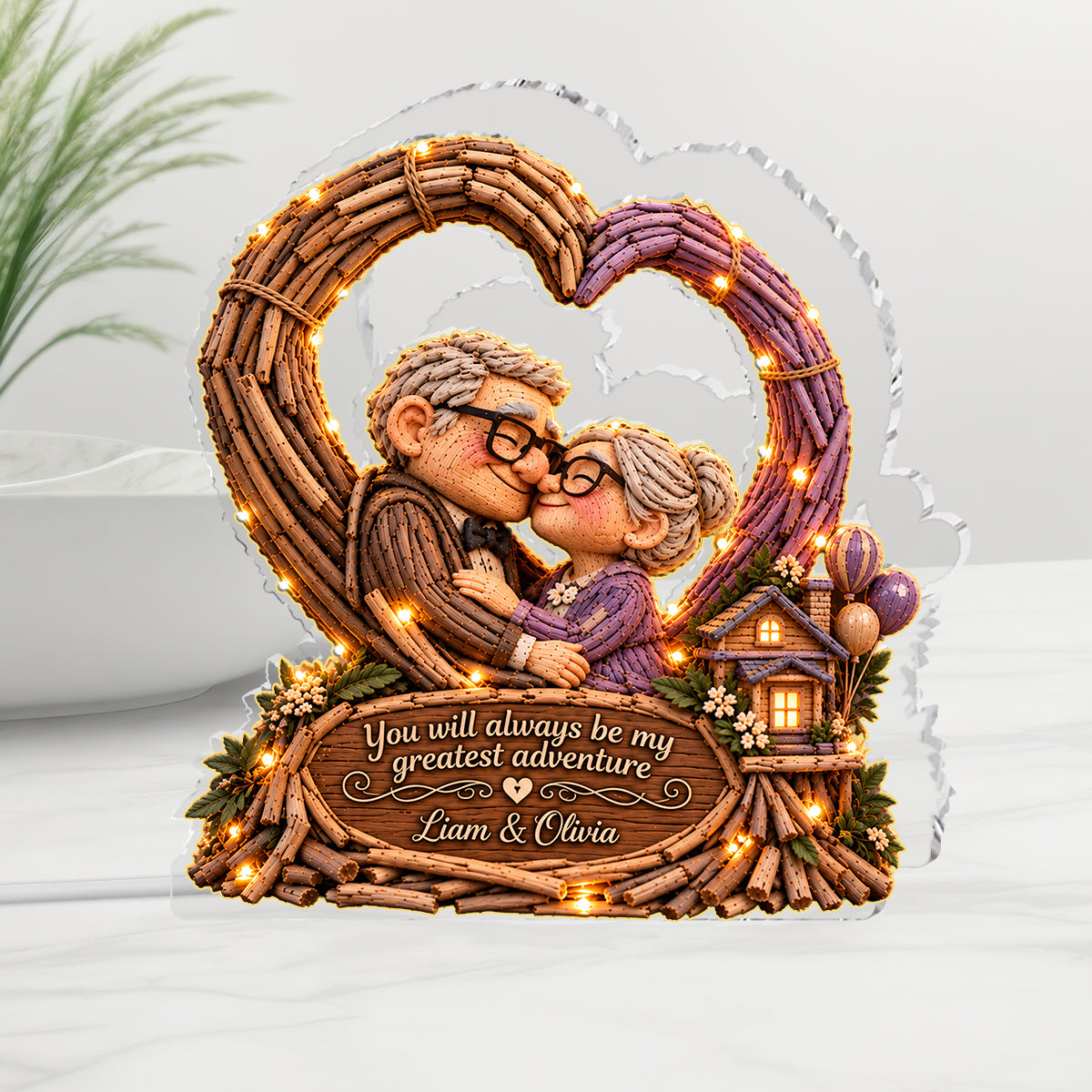 Old Couple Heart - Personalized Up Movie Couple Acrylic LED Night Light