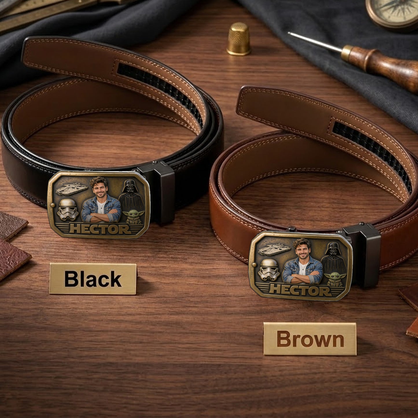 Custom Initial Name Letter The Force - Personalized The Force Leather Belt With Shaped Buckle