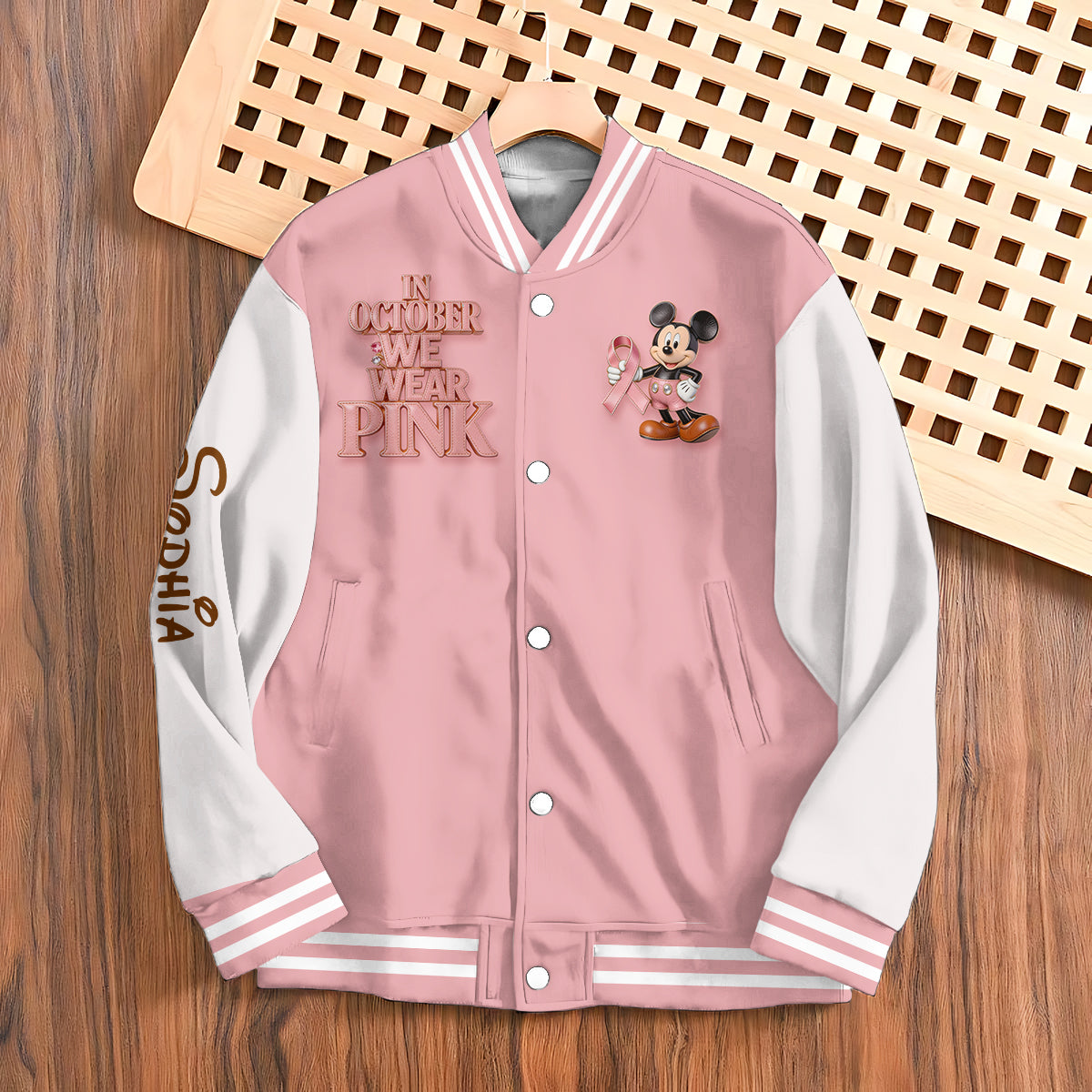 In October We Wear Pink - Personalized Breast Cancer Awareness Varsity Jacket