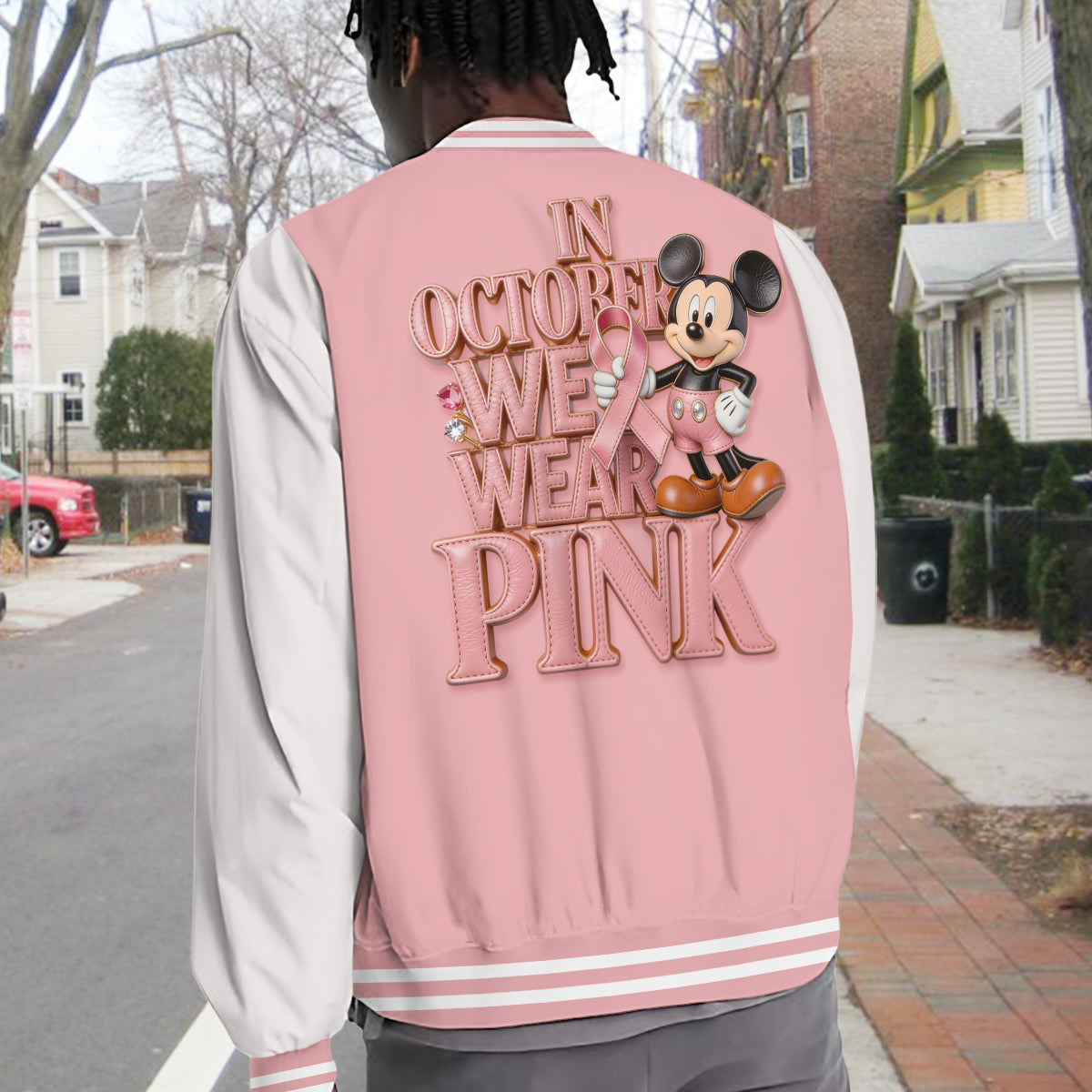 In October We Wear Pink - Personalized Breast Cancer Awareness Varsity Jacket