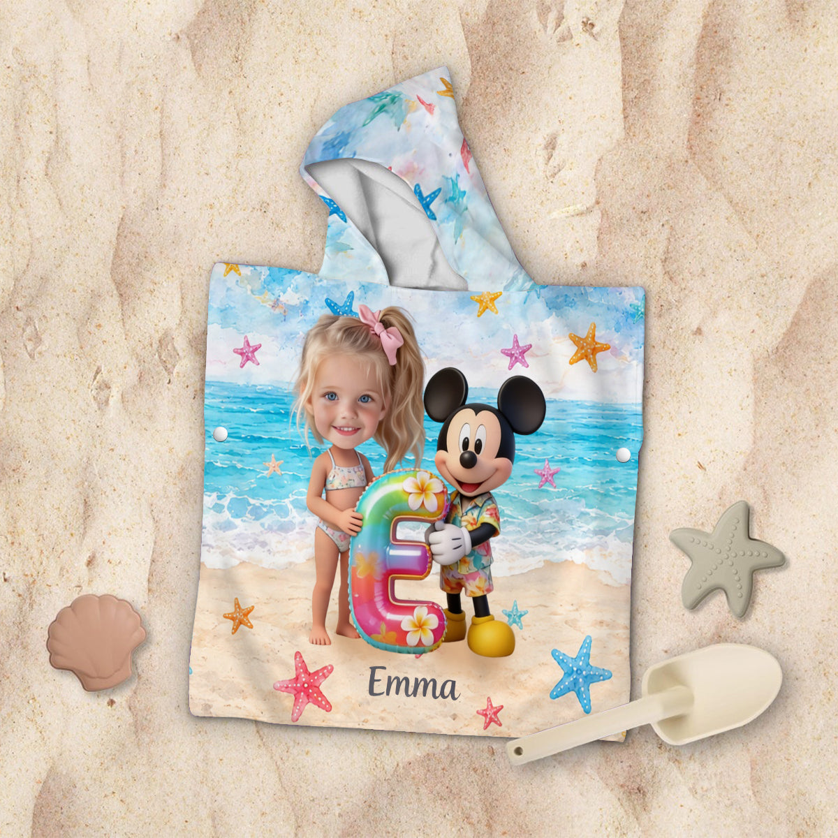 Custom Any Photo Holding Letter - Personalized Mouse Kid Hooded Towel Poncho