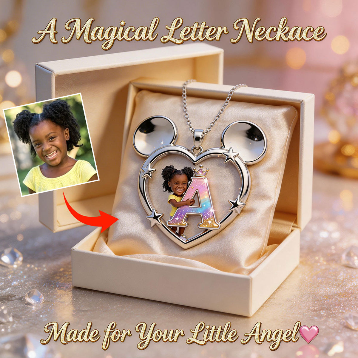 Alphabet Necklace for Kids, Magical Cartoon - Personalized Mouse Shaped Metal Pendant Necklace