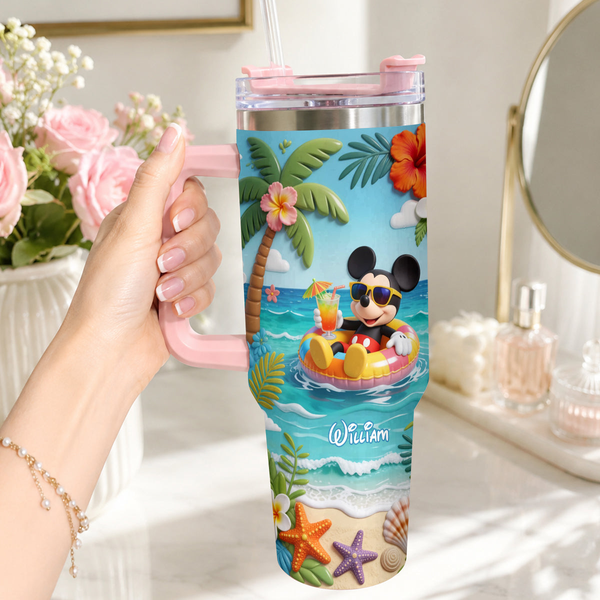 Summer Vibes Mouse Ears - Personalized Mouse Tumbler With Plush Charm