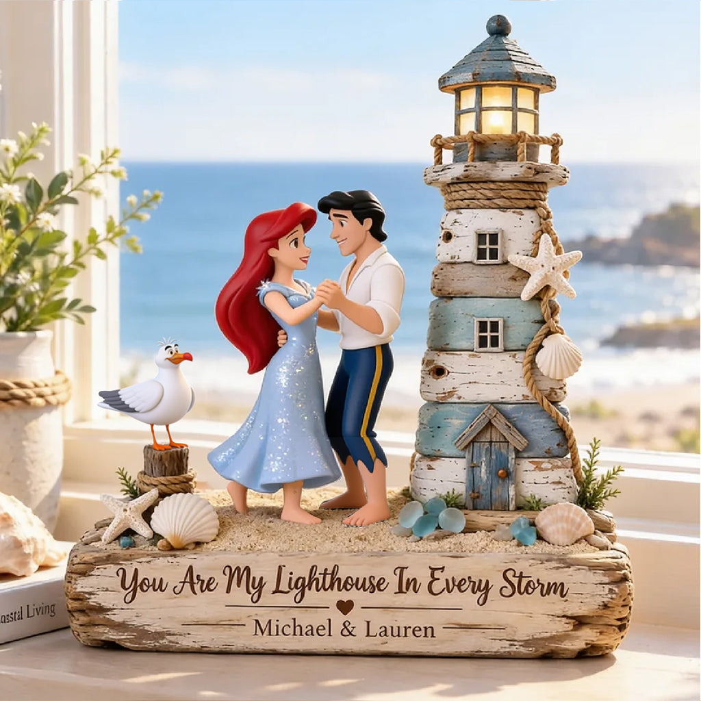 You Are My Lighthouse In Every Storm, Couple Mermaid Princess & Human Prince - Personalized The Little Mermaid Custom Shaped Wood Plaque