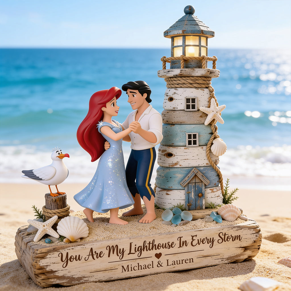 You Are My Lighthouse In Every Storm, Couple Mermaid Princess & Human Prince - Personalized The Little Mermaid Custom Shaped Wood Plaque