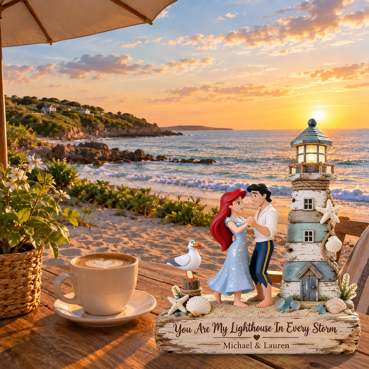 You Are My Lighthouse In Every Storm, Couple Mermaid Princess & Human Prince - Personalized The Little Mermaid Custom Shaped Wood Plaque