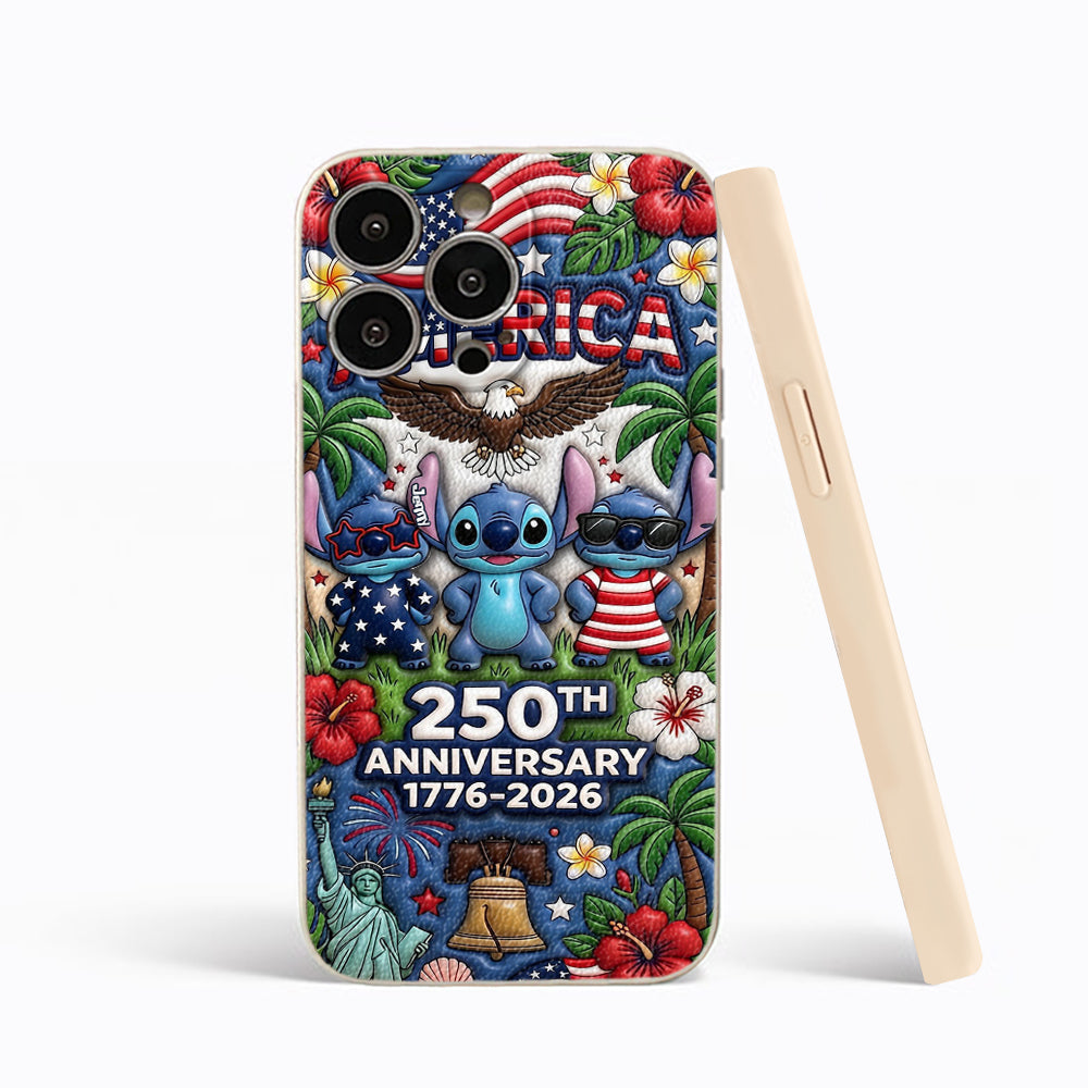 Cute Blue Alien USA 250th Anniversary - Personalized Ohana 3D Embossed Leather Phone Case