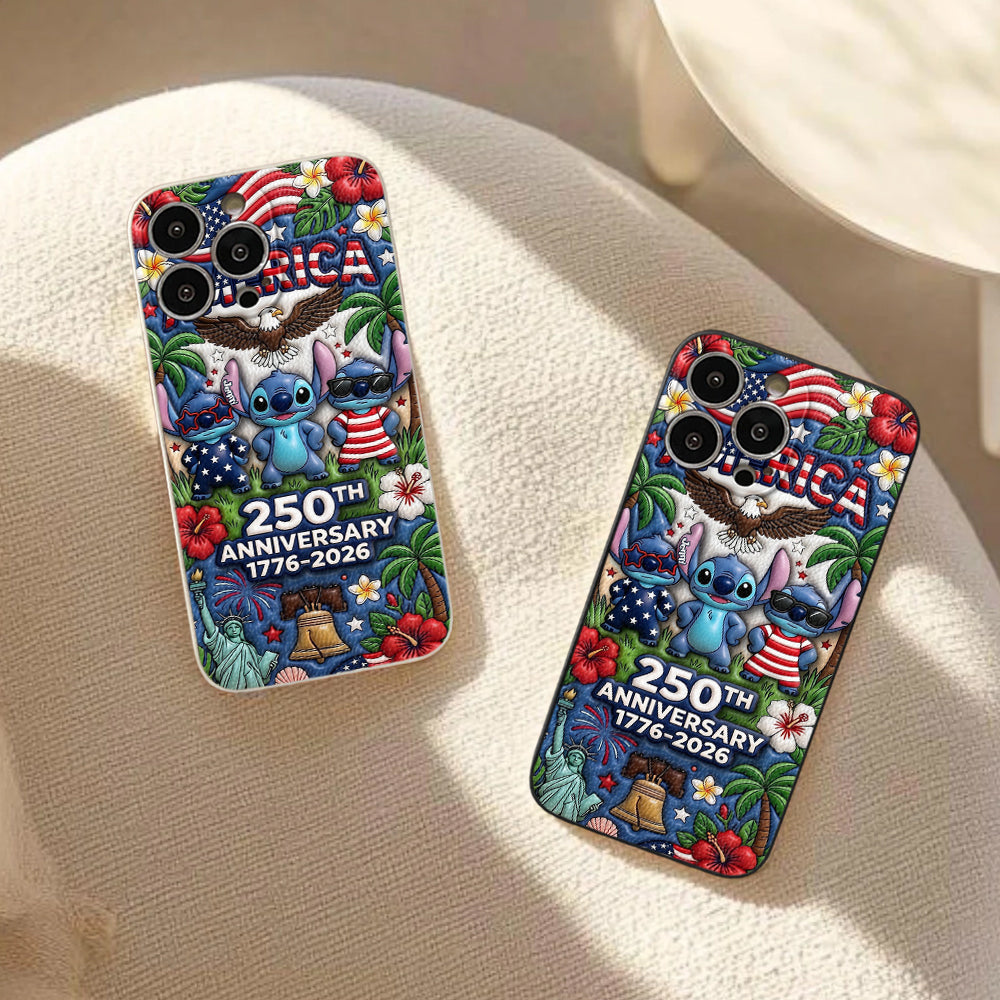 Cute Blue Alien USA 250th Anniversary - Personalized Ohana 3D Embossed Leather Phone Case