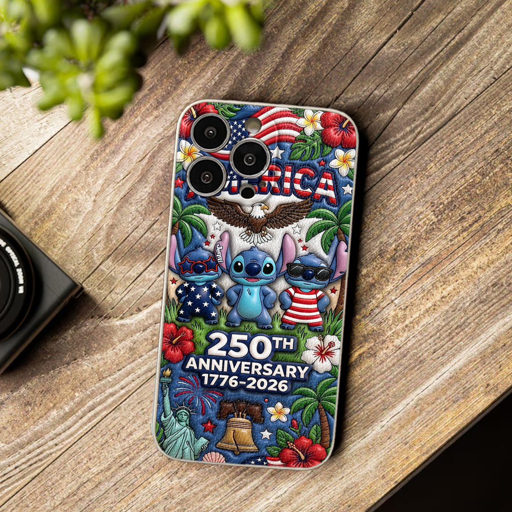 Cute Blue Alien USA 250th Anniversary - Personalized Ohana 3D Embossed Leather Phone Case