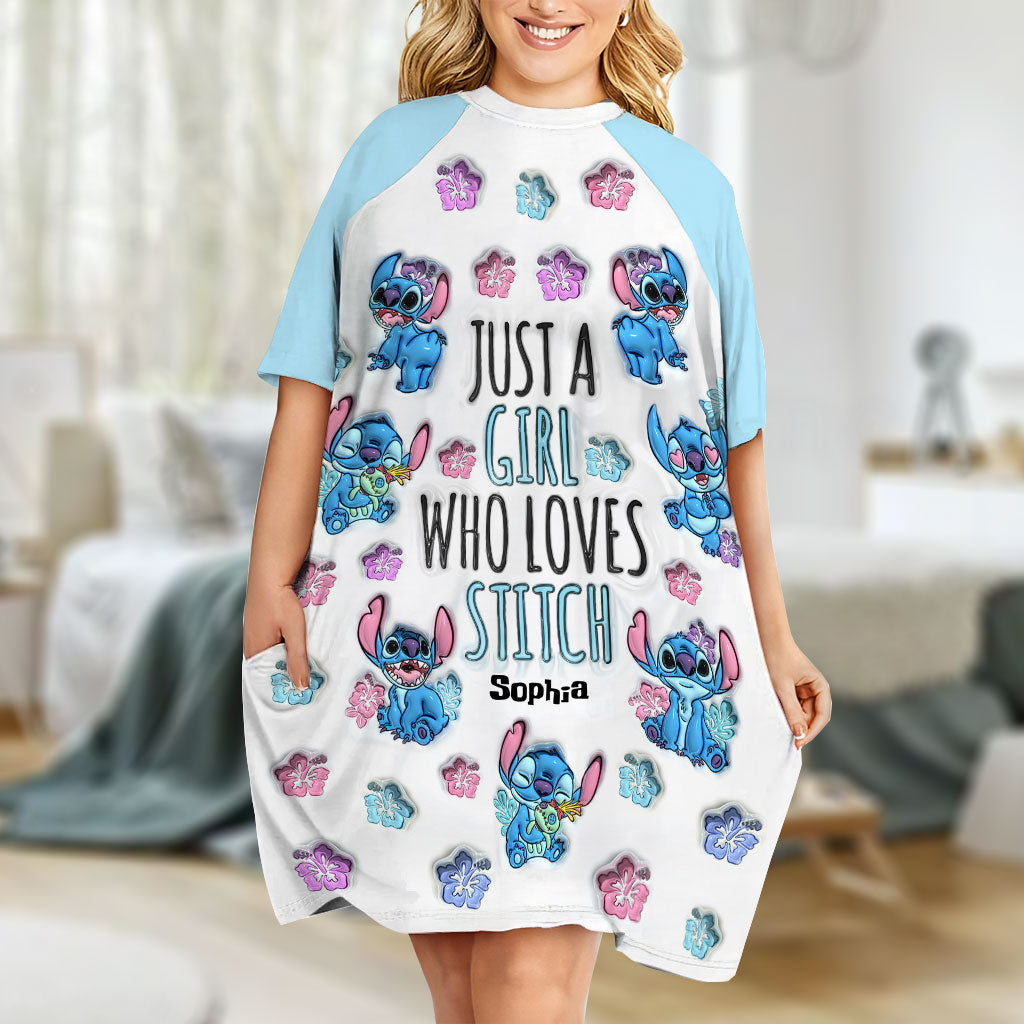 Just A Girl Who Loves Stitch - Personalized Ohana Sleep T-shirt Dress