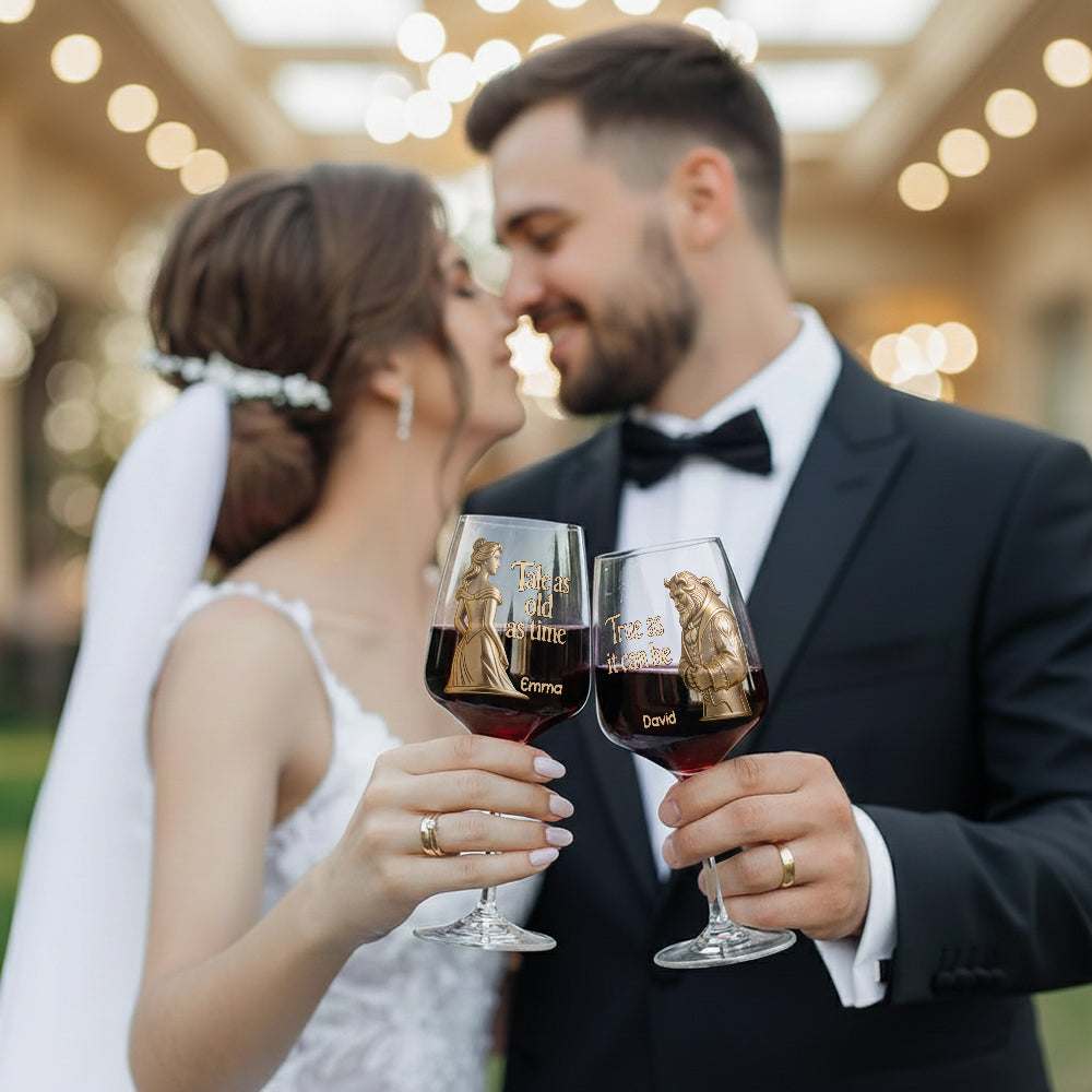 Fairy Tale Romantic Tale As Old As Time - Personalized Beauty And The Beast Wine Glasses Set With Wooden Box