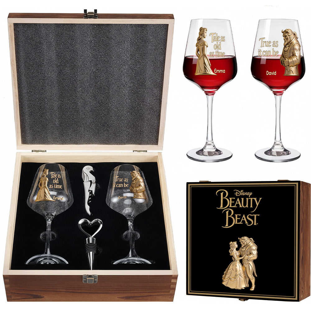 Fairy Tale Romantic Tale As Old As Time - Personalized Beauty And The Beast Wine Glasses Set With Wooden Box