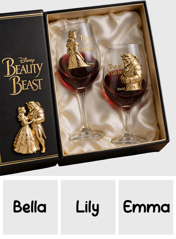 Fairy Tale Romantic Tale As Old As Time - Personalized Beauty And The Beast Wine Glasses Set With Wooden Box