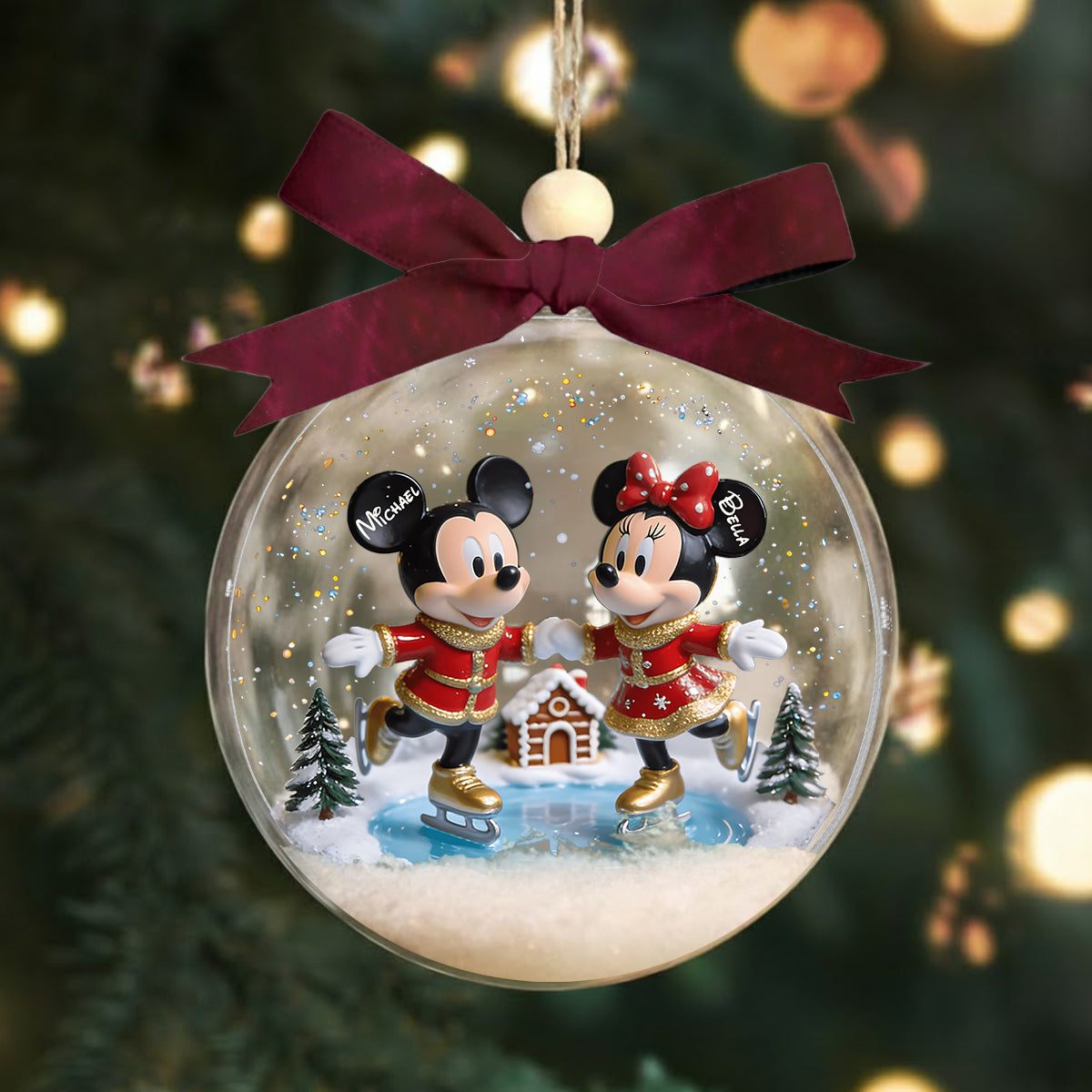 Merry Christmas - Personalized Mouse Snow Globe Ornament With Bow