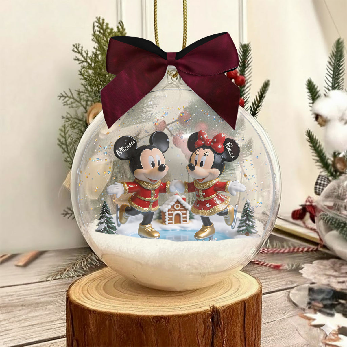 Merry Christmas - Personalized Mouse Snow Globe Ornament With Bow