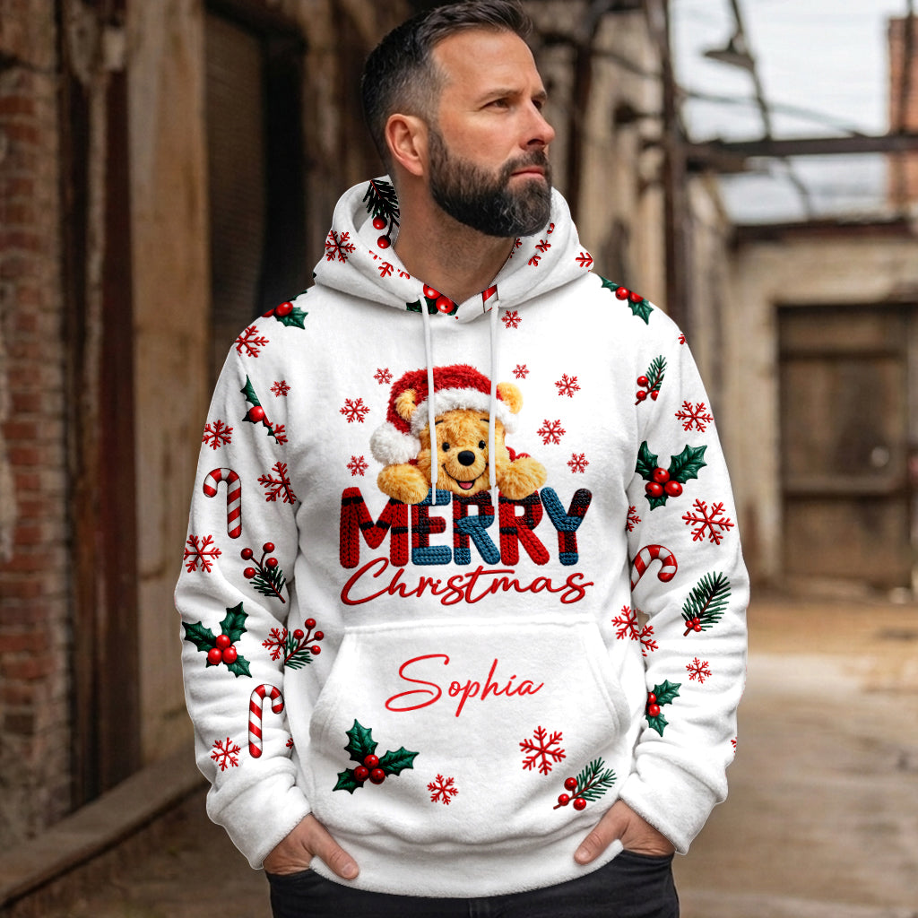 Merry Christmas - Personalized Yellow Bear Fleece Hoodie