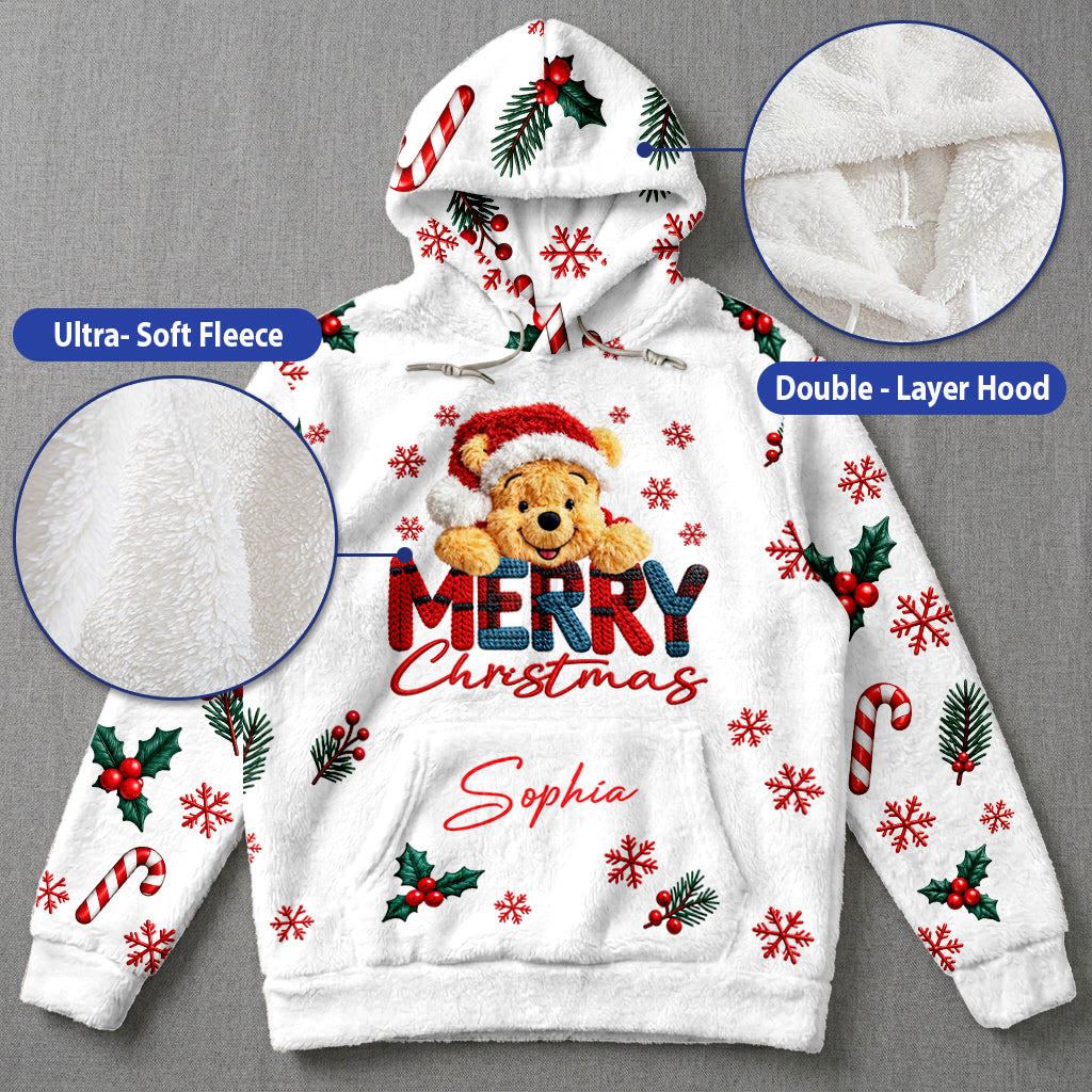 Merry Christmas - Personalized Yellow Bear Fleece Hoodie