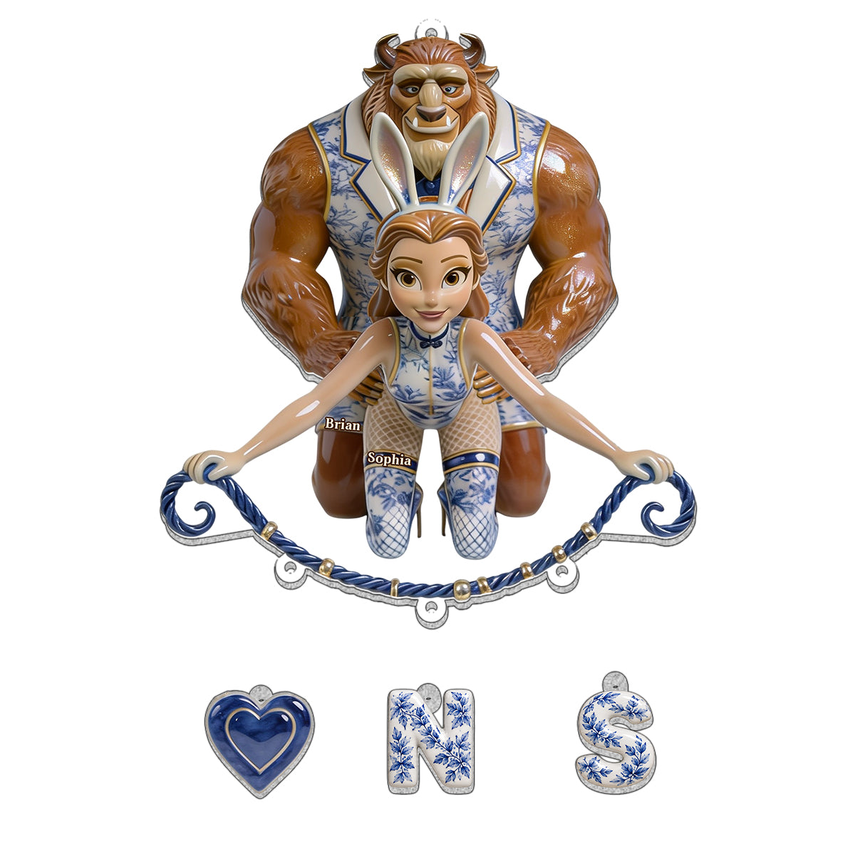 Naughty Fairytale Couple Toile de Jouy - Personalized Beauty And The Beast Ornament With Charm