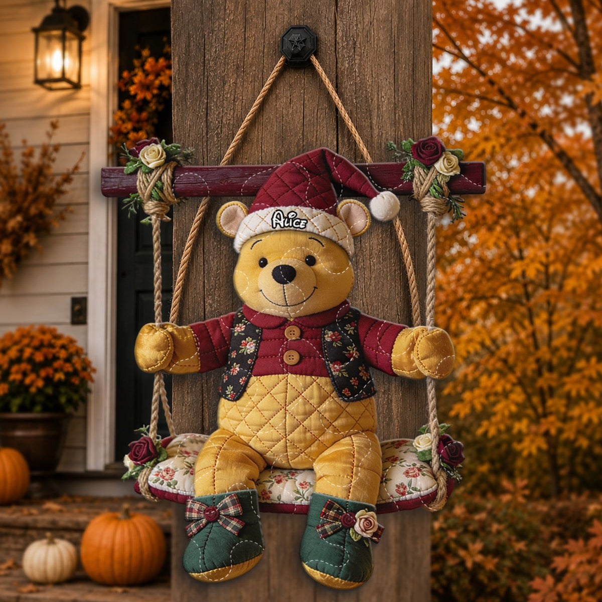 A Very Merry Swing - Personalized Yellow Bear Quilted Door Hanger
