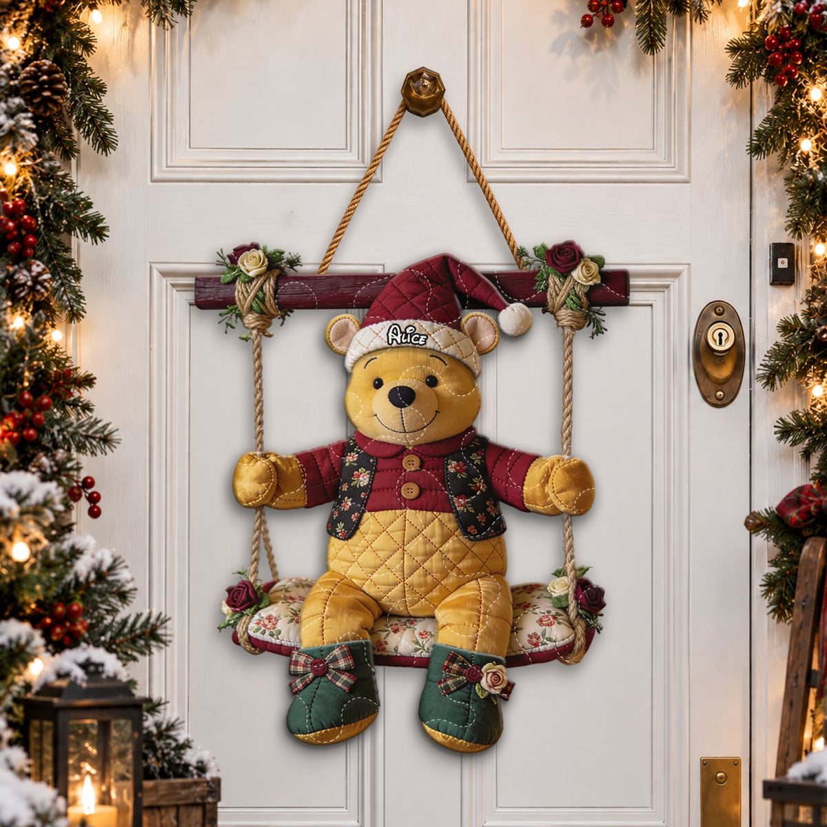 A Very Merry Swing - Personalized Yellow Bear Quilted Door Hanger