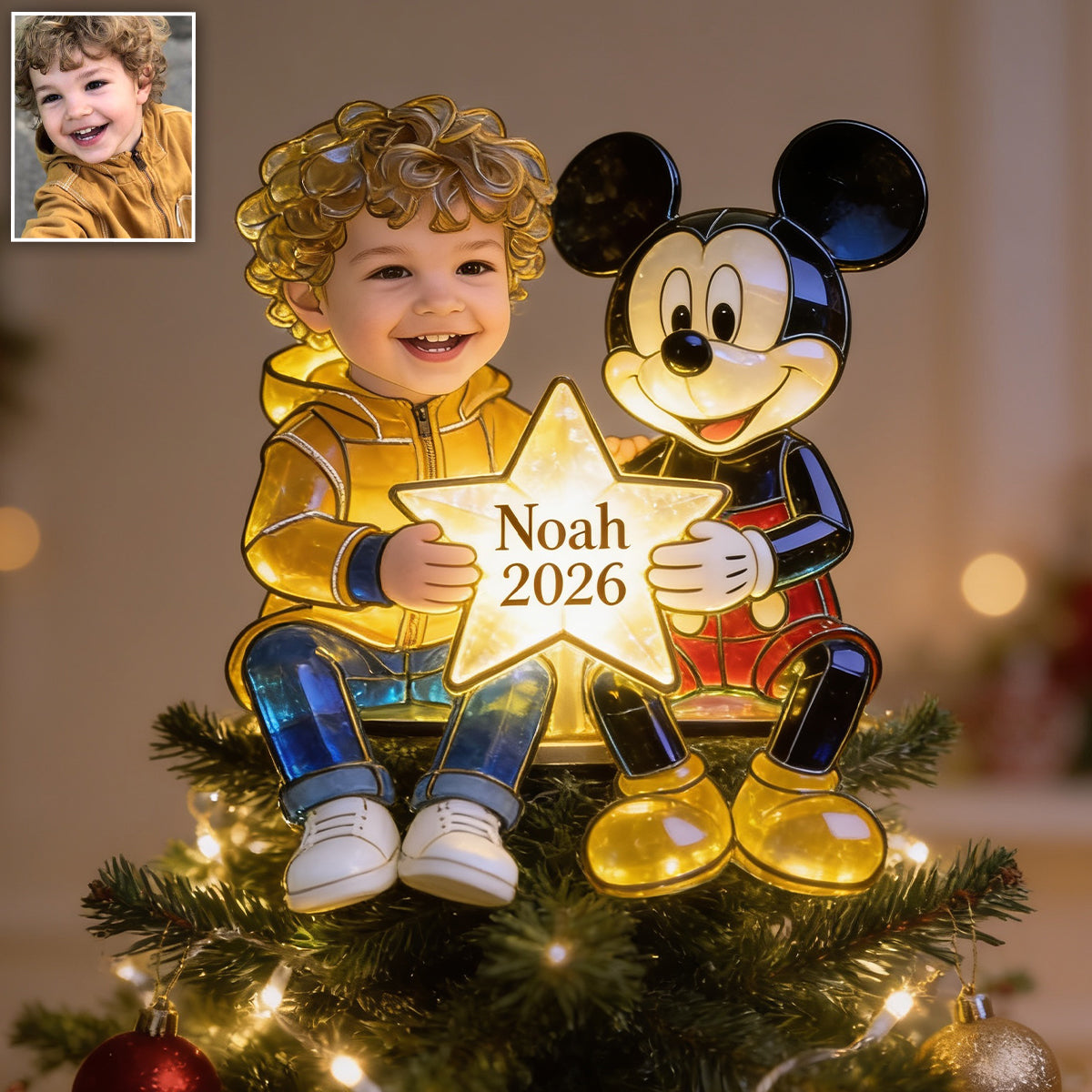 Kid And Character, Mouse, Bear, Ailen,.... - Personalized Kid LED Light Tree Topper