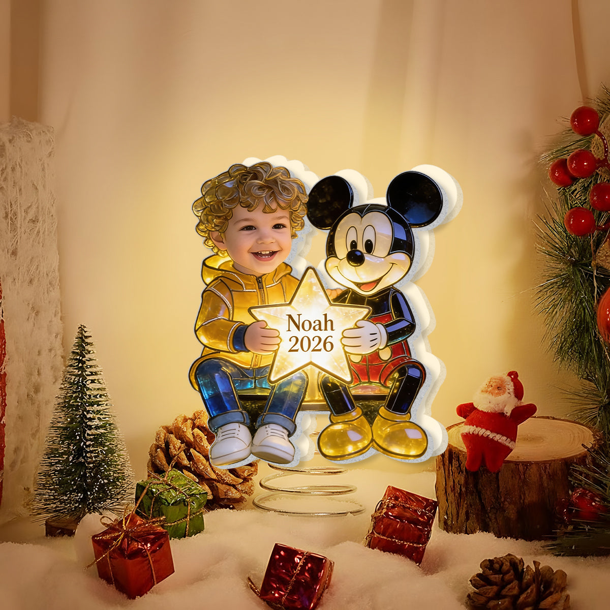 Kid And Character, Mouse, Bear, Ailen,.... - Personalized Kid LED Light Tree Topper