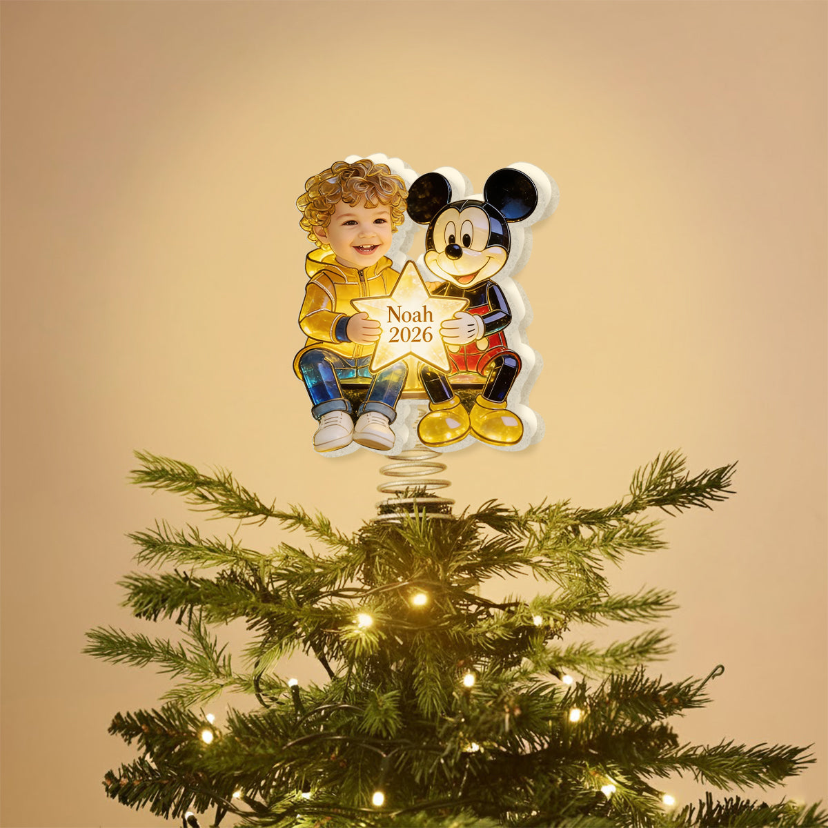 Kid And Character, Mouse, Bear, Ailen,.... - Personalized Kid LED Light Tree Topper