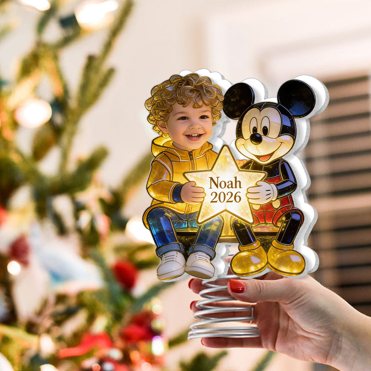 Kid And Character, Mouse, Bear, Ailen,.... - Personalized Kid LED Light Tree Topper