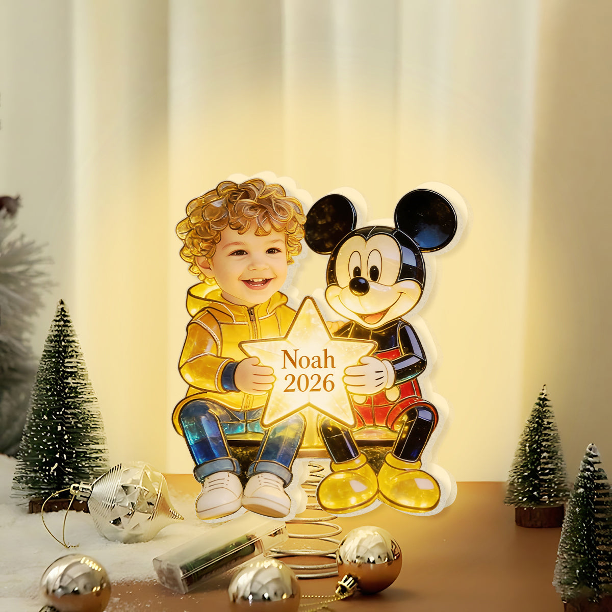 Kid And Character, Mouse, Bear, Ailen,.... - Personalized Kid LED Light Tree Topper